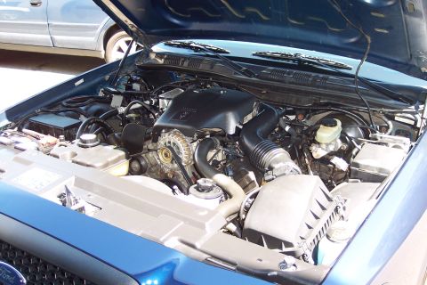 2001 Ford Crown Victoria - Engine bay of a 2001 Ford Crown Victoria showing the V8 engine and related components.