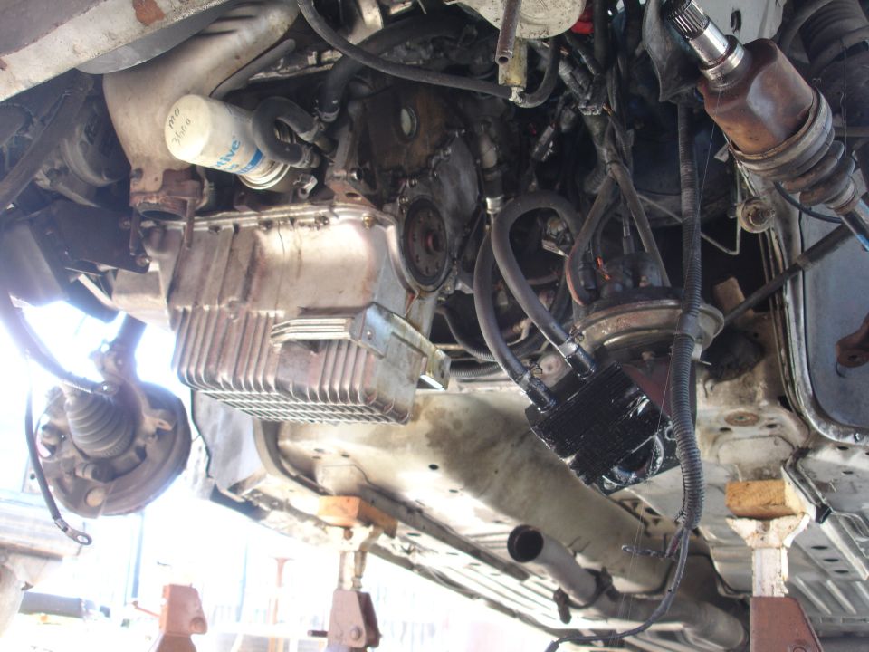 Undercarriage view of engine components including oil pan and filter