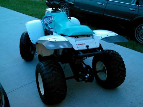 1986 Ford Bronco - A Polaris ATV is parked on a concrete driveway next to a dark-colored car.