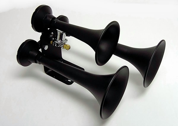 Matte black triple-trumpet air horn kit with mounting bracket and brass air fitting on white background