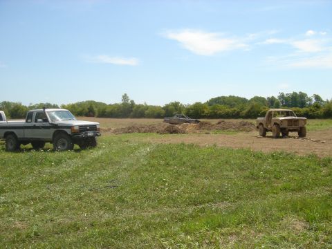 1979 Ford F-250 - Several trucks are parked in a grassy field with trees in the background.