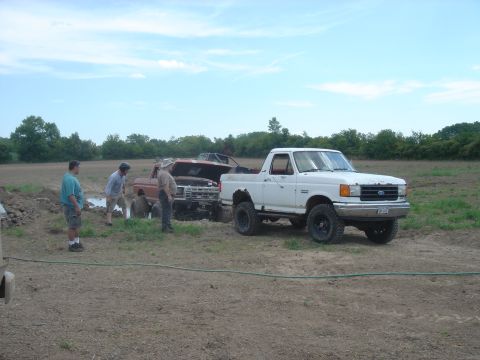 1979 Ford F-250 - A white Ford pickup truck is parked in a muddy field next to another truck stuck in the mud.