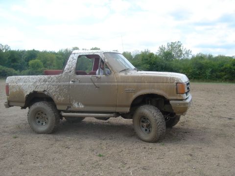1979 Ford F-250 - This mud-splattered SUV is shown from the side, with trees and a cloudy sky in the background.