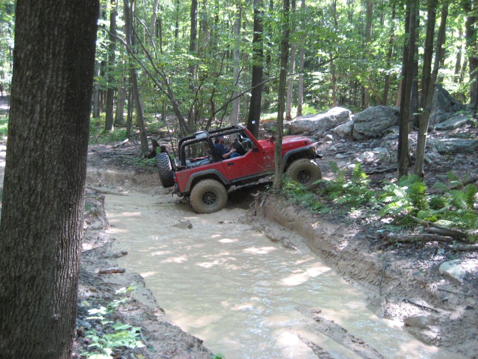 Red Jeep Wrangler driving through a muddy trail in a forest
