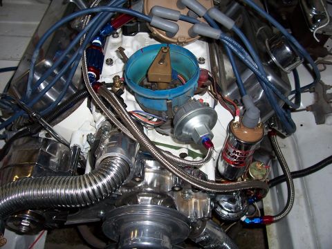 1978 Ford Mustang II - Close-up view of an engine bay chrome components, a blue distributor cap, and an MSD Blaster ignition coil.