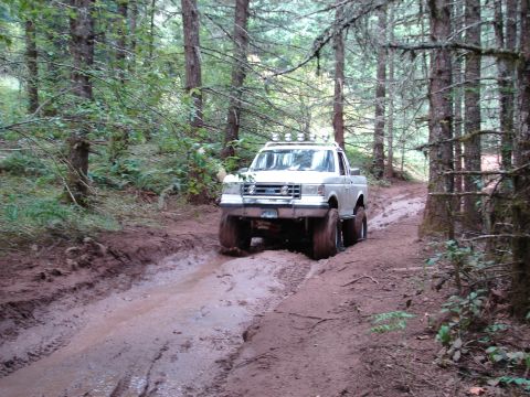 1996 Ford Bronco - A lifted Ford pickup truck navigates a muddy path in a dense forest.