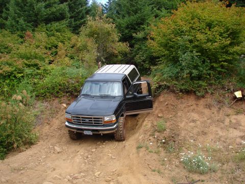1996 Ford Bronco - Ford Bronco navigating a challenging off-road trail with dense foliage surrounding it.