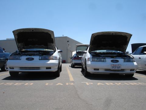 1993 Ford Taurus - Two 1993 Ford Taurus sedans are parked with their hoods up, showing their engines.