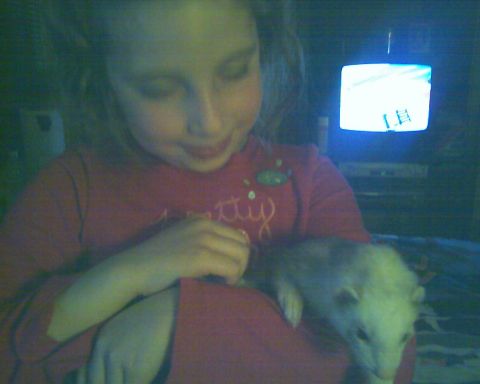 1993 Ford Bronco - A young girl holds a ferret while looking down at it. A television screen glows in the background.