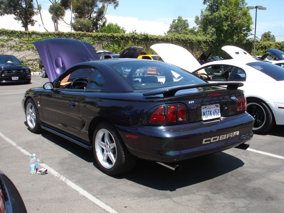 Dark purple Ford Mustang Cobra with hood open, parked next to a white car