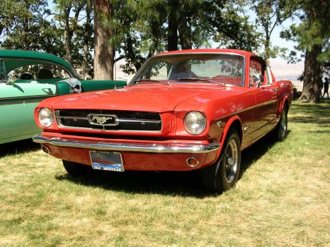 1965 Ford Mustang - A red 1965 Ford Mustang coupe is parked on a grassy lawn next to a green car under trees.