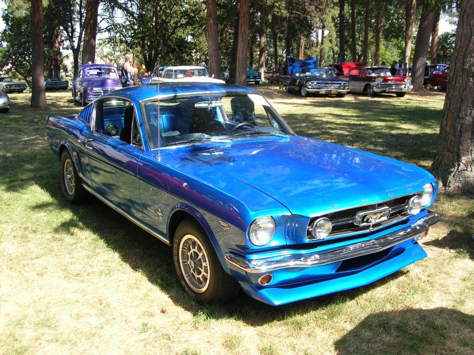Blue 1965 Ford Mustang fastback, front three-quarter view, parked on grass at an outdoor car show