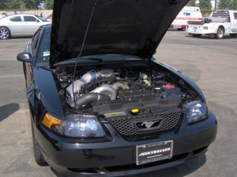 1991 Ford Taurus - Black Ford Mustang with hood open, engine bay visible, aftermarket turbocharger installed.