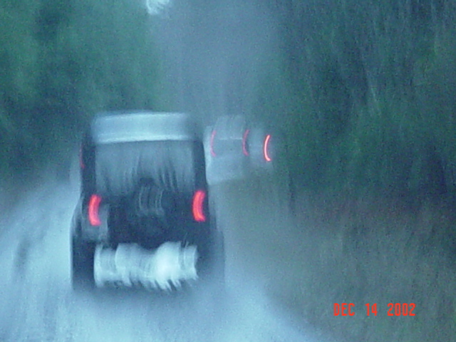 Blurry rear view of a dark SUV with spare tire on a wet wooded gravel road, brake lights on