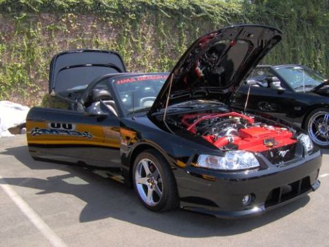 1991 Ford Taurus - This black convertible shows off its red engine with the hood open, while another black car is parked behind it.