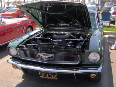 1991 Ford Taurus - A classic green Ford Mustang is displayed with its hood open, revealing the engine bay.