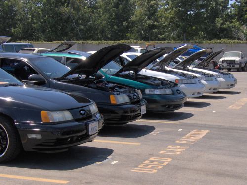 1991 Ford Taurus cars lined up with hoods open