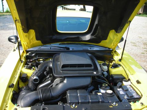 2003 Ford Mustang - The engine bay of a yellow 2003 Ford Mustang, viewed with the hood open.
