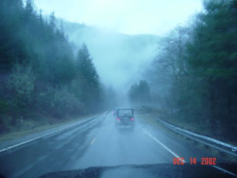 1989 Ford Bronco - An SUV drives down a wet road surrounded by trees and fog, with a date overlay.