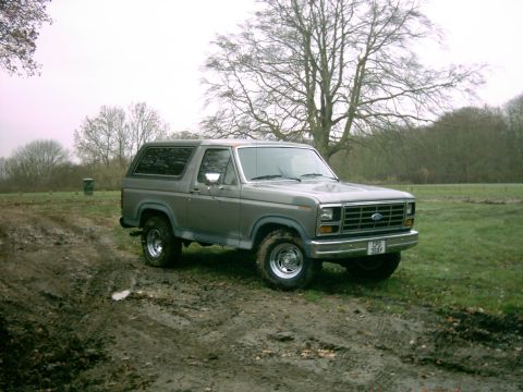 1982 Ford Bronco - Gray Ford Bronco from the 1980s sits on a muddy track with trees in the background.