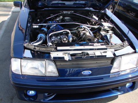 1992 Ford Taurus - The engine bay of a blue Ford Mustang is displayed with the hood up, revealing a modified engine and various chrome components.