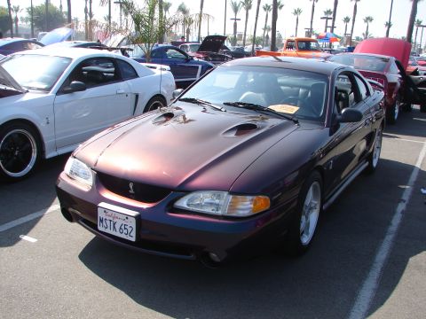 1992 Ford Taurus - A purple Ford Mustang is parked at an outdoor car show with other vehicles around it.