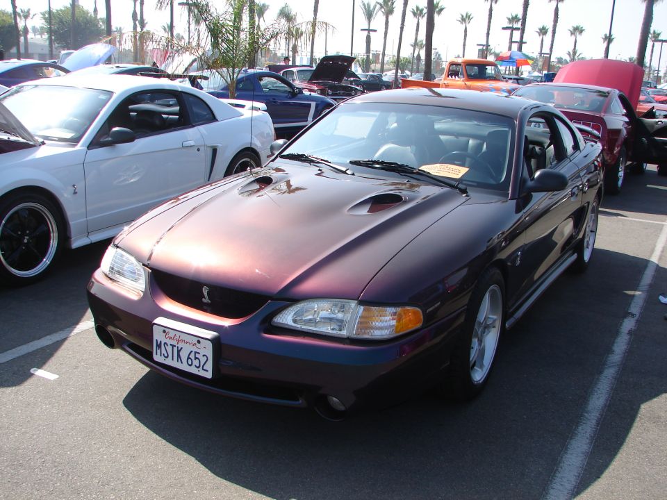Purple Ford Mustang with hood scoops, parked next to a white Mustang