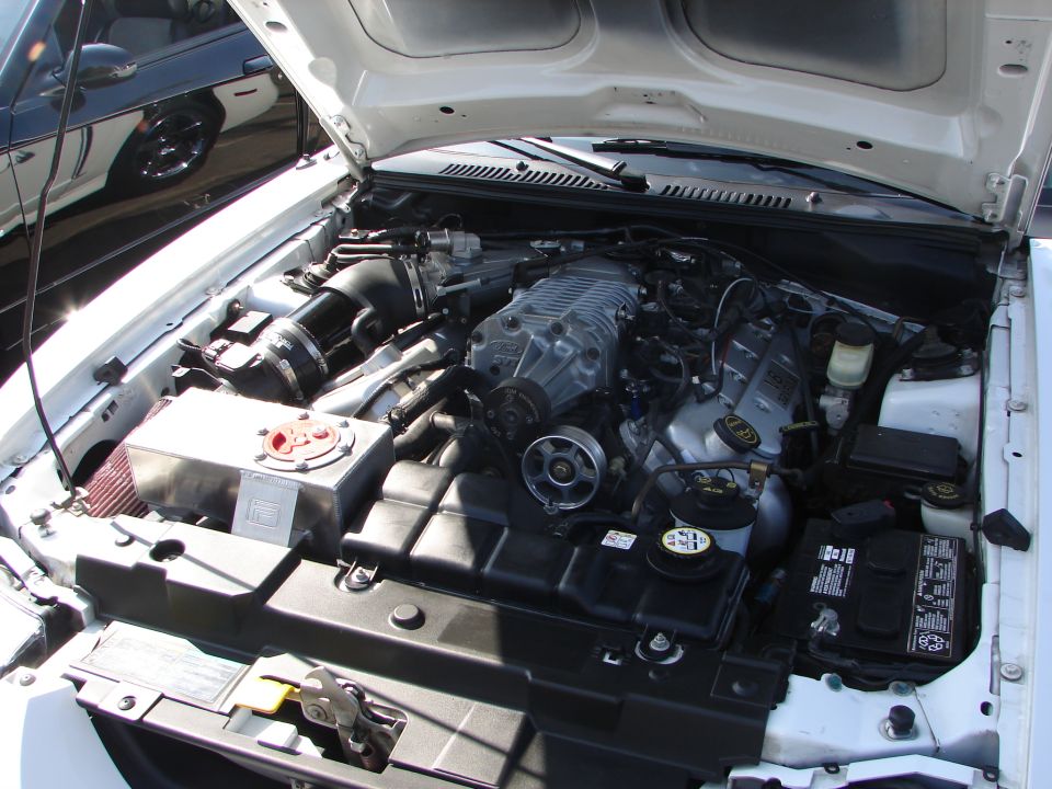 Engine bay of a car with a prominent supercharger and aftermarket coolant tank. Another car is visible in the background