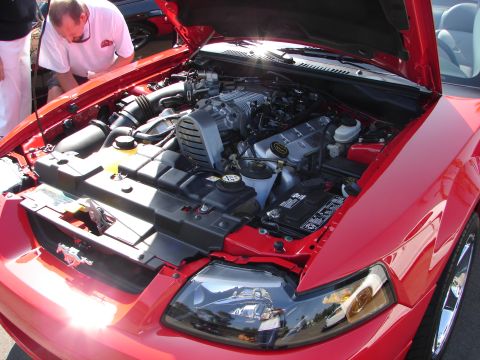 1992 Ford Taurus - A red Ford Mustang's engine bay is open for inspection at an outdoor event.