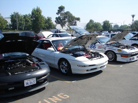 1992 Ford Taurus - Several Ford Probes are displayed with their hoods open at an outdoor car event.