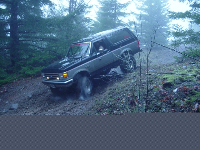 Black and tan Ford Bronco with tire chains climbing a muddy forest trail in fog