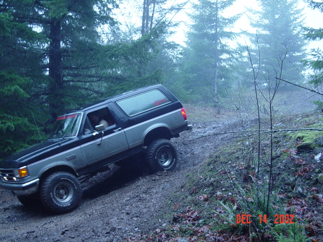 Gray Ford Bronco with camper top climbing a muddy trail among tall firs in fog