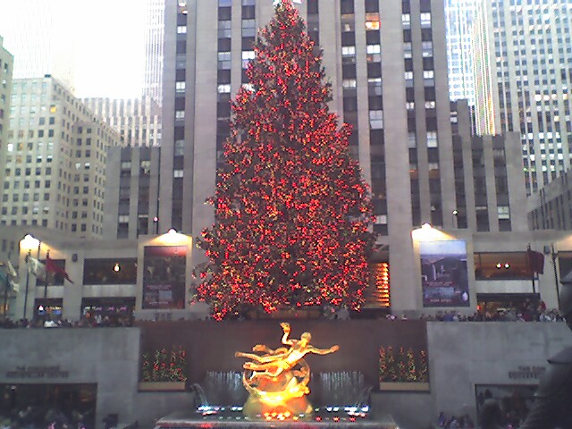 Rockefeller Center Christmas Tree with Prometheus statue in foreground