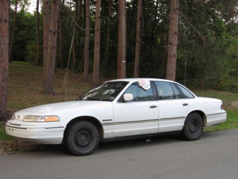 1992 Ford Crown Victoria - Side view of a white 1992 Ford Crown Victoria parked on a paved surface next to a wooded area.