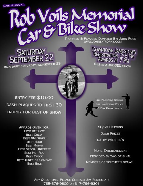 1995 Ford Probe - Poster advertising the 2nd Annual Rob Voils Memorial Car & Bike Show, listing event date, time, and awards.