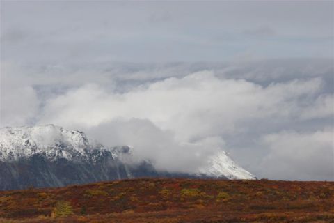 1978 Ford Bronco - A scenic view of snow-covered mountains partially obscured by clouds, with a foreground of autumnal vegetation.