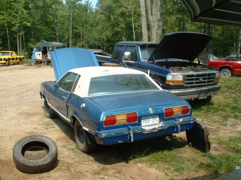 1978 Ford Mustang II - A blue 1978 Ford Mustang II coupe with a white vinyl roof sits in a yard next to a pickup truck.