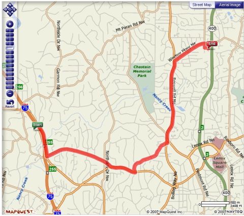 1986 Ford Bronco - MapQuest map displays a highlighted route with start and end points, including major roads and landmarks.