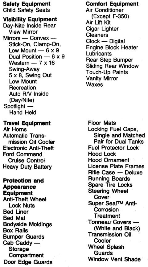1983 Ford Bronco - Accessory List from Operator's Guide 1986 Fseries