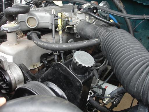 Engine bay with hoses, belts, and engine components visible