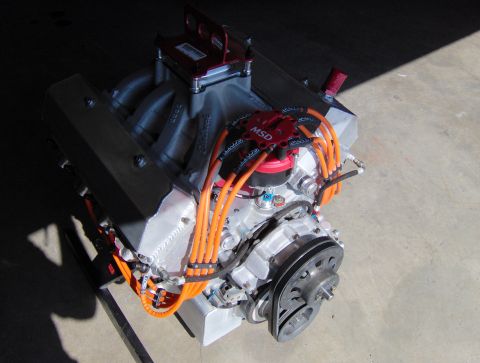 1978 Ford Bronco - A V8 engine with performance parts like an MSD distributor and orange spark plug wires is shown, mounted on a stand.