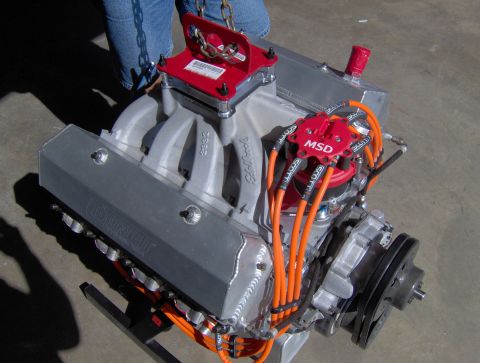 1978 Ford Bronco - V8 engine assembly with aftermarket parts, including an MSD ignition system.