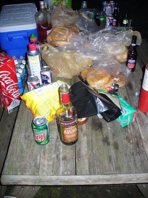 1991 Ford Probe - A picnic table is covered with food, drinks, and plastic bags, suggesting a recent gathering.