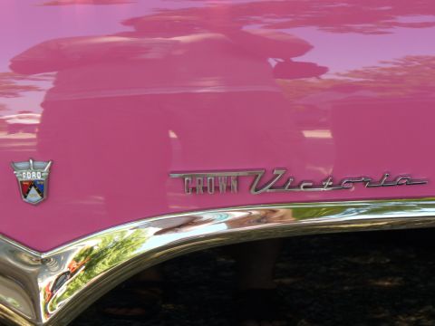 1995 Ford Thunderbird - Close-up of a pink 1956 Ford Crown Victoria fender, its chrome trim and distinctive badging.