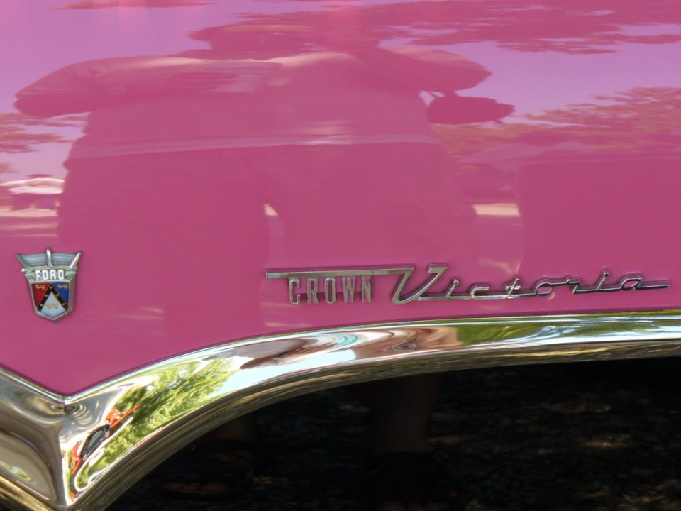 Pink 1956 Ford Crown Victoria fender with chrome trim and badge