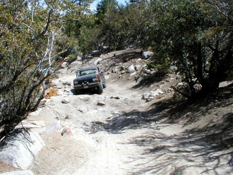 1996 Ford Bronco - A dark-colored SUV navigates a challenging off-road path through a rocky, wooded landscape.