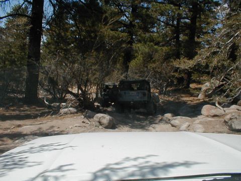1996 Ford Bronco - Two off-road vehicles navigate a challenging, wooded terrain with large rocks.