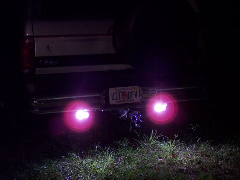 1996 Ford Bronco - The rear of a vehicle is shown at night, illuminated by pink lights on either side of the license plate.