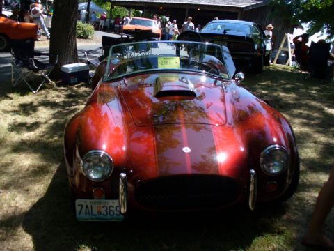 1995 Ford Thunderbird - A red convertible sports car is parked outdoors at a car show, with other vehicles and spectators around.