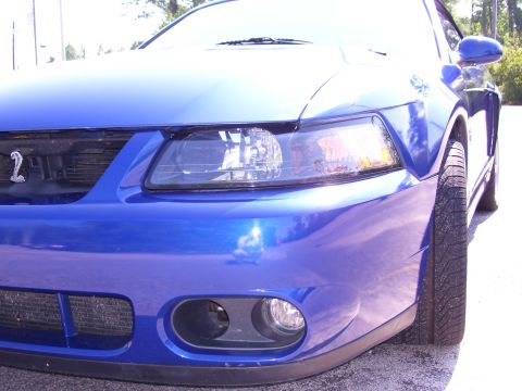 2003 Ford Mustang - The front end of a blue Ford Mustang is captured in this close-up shot, highlighting its distinctive grille and headlights.